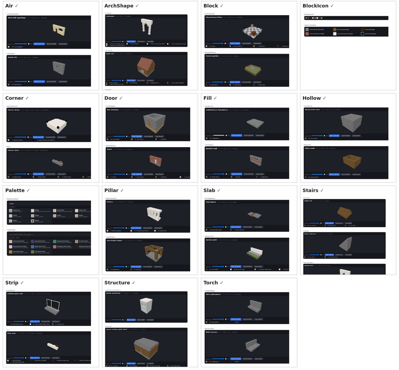 Preview cards for every component: Air, ArchShape, Block, BlockIcon, Corner, Door, Fill, Hollow, Palette, Pillar, Slab, Stairs, Strip, Structure and Torch