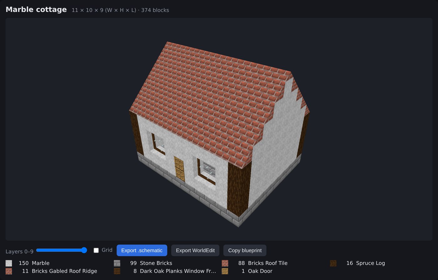 A marble cottage with spruce log corners, a brick ArchitectureCraft gable roof with a ridge, and dark oak window frames with glass, in the 3D viewer with the layer slider, export buttons and material list underneath