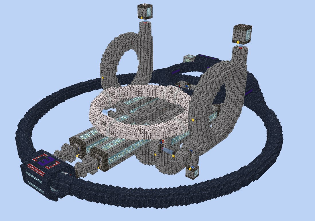 The Large Hadron Collider ring with CMS and ATLAS modules, four beam lines of beam stabilizers, LINACs, synchrotrons and target chambers, and a compact fusion ring over the LINACs