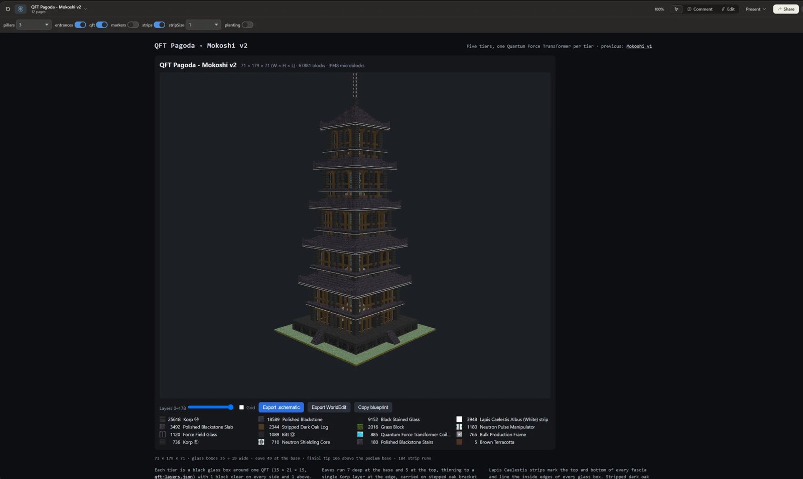 QFT Pagoda Mokoshi v2 in Claude Design: a five-tier dark pagoda in the 3D viewer, with toggles for pillars, entrances, QFT, markers, strips and planting along the top, and the material list underneath