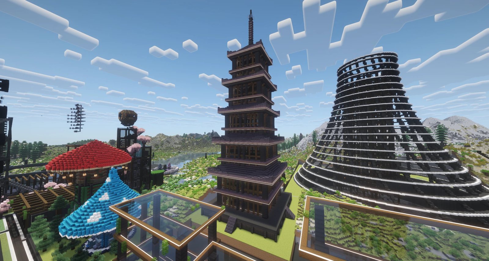 The same pagoda built in Minecraft, with eaves outlined in white strips, next to a flared dark tower