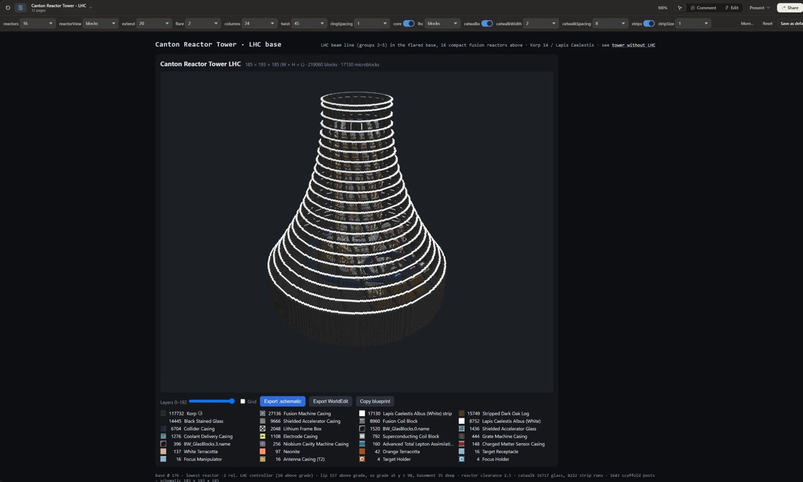 Canton Reactor Tower in Claude Design: a flared lattice tower ringed with white strips, with toggles for reactors, columns, twist, catwalks and strips, and the material list underneath
