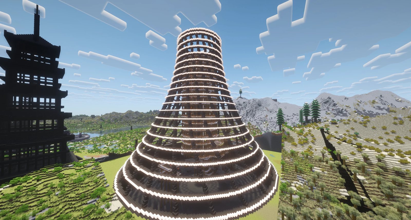 The Canton Reactor Tower built in Minecraft, a flared lattice tower ringed with white Lapis Caelestis strips, next to the pagoda