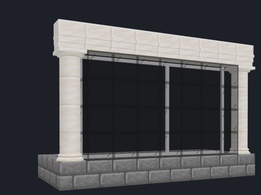 Black stained glass wall outlined from inside with white Lapis Caelestis strips, framed by quartz round pillars, doric capitals and an architrave